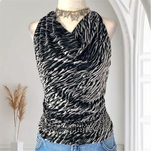 Express Early 2000’s Slinky Silver Black Zebra Velvet Sequin Halter Cami Top M
